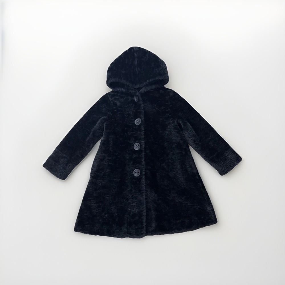 Lili Gaufrette Youth Size 8 BLack Sheared  Faux MINK Dress Coat Mid length Hood
